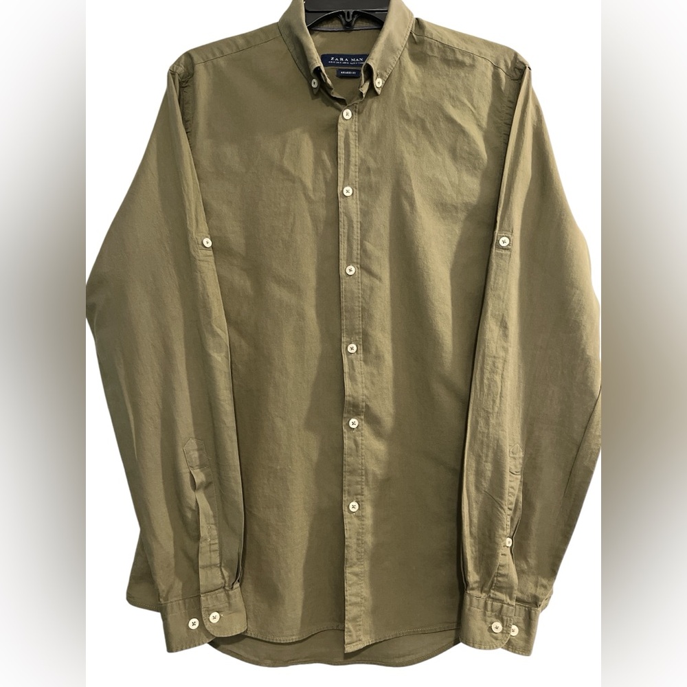 ZARA MAN Olive Green Relaxed Fit Button Down Shirt | Tab Sleeves | Size M